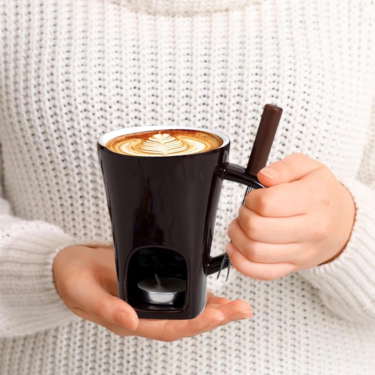 Ceramic Fondue Mug Set - Candle Powered Chocolate Melting Cup with Dipping Fork for Easy Dessert Making, Perfect Single Serve Treat Station for Home Celebration Family Gathering Holiday Party Sharing – foto 2