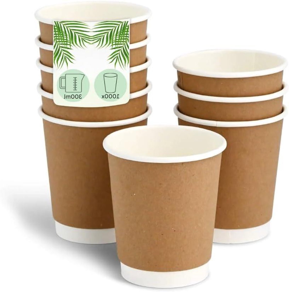 Koffiebekers Bruin - Wegwerpbekers Papier - Warme Dranken - Dubbelwandig Geïsoleerd - 300 ml 1000 Stuks - Natuurlijk Bruin