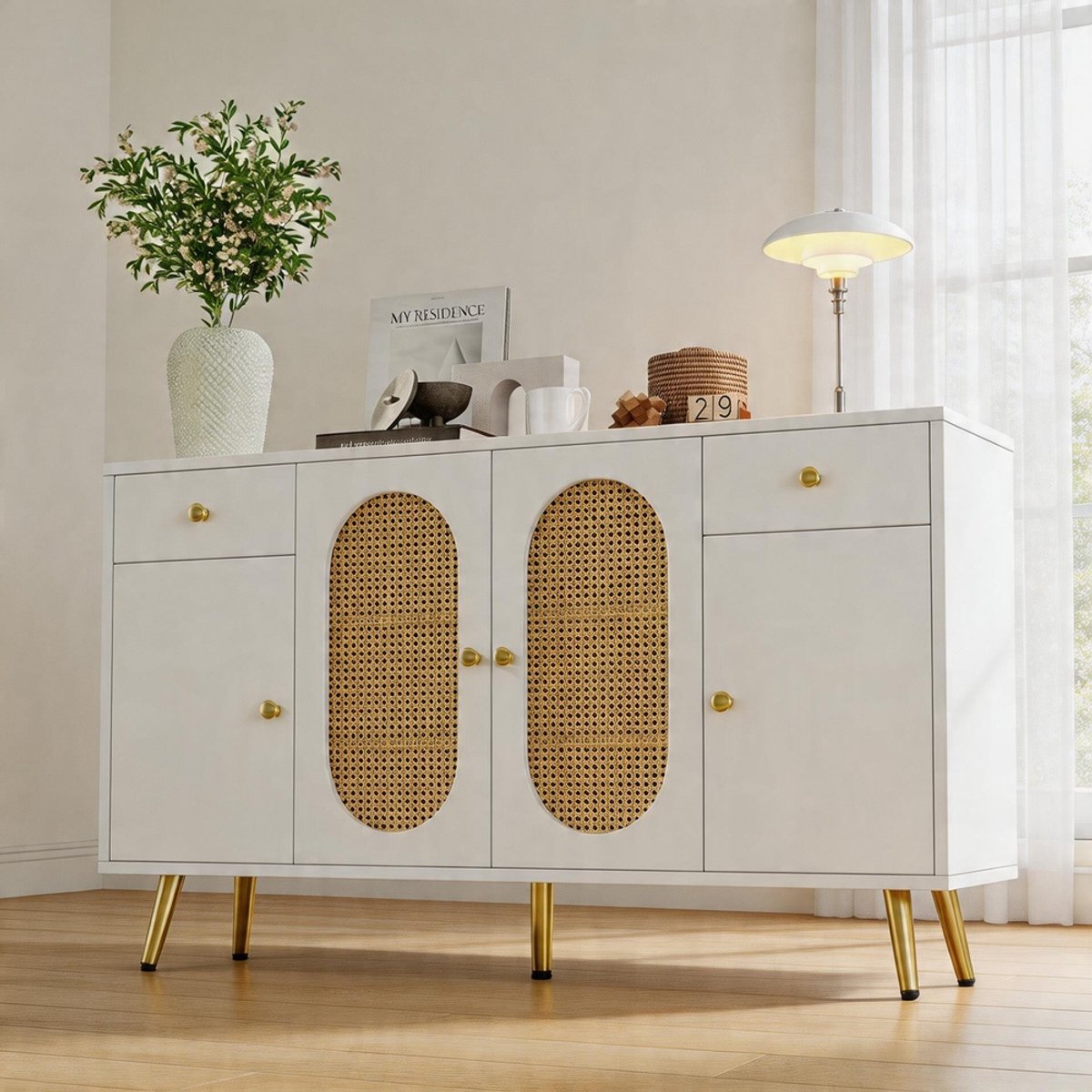 KOMHTOM Commode dressoir sideboard met 2 lades en 4 deuren - inlegplanken in hoogte verstelbaar - geschikt voor woonkamer en keuken - wit en natuurlijke tinten - B140 x D35 x H82 cm Natuurlijk + wit