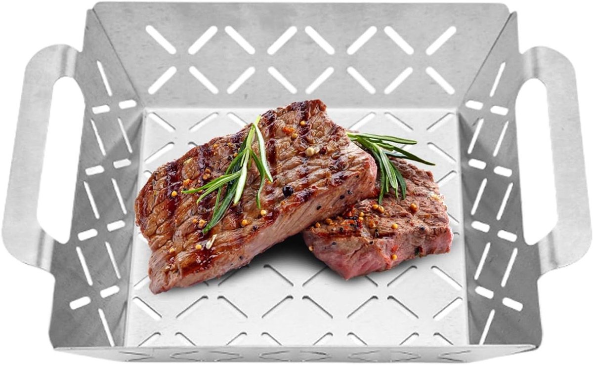 Grillmand RVS - BBQ Mand - Garnalen Vlees Groenten - Versterkt Net - 26.5 x 21.6 cm - Zilver