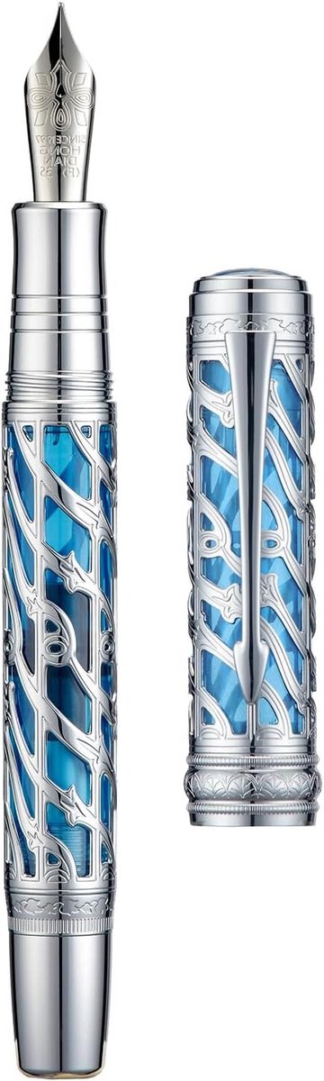 Fijn schrijfgerei: Piston vulpen met zachte nib, zilverblauwe holle skeleton en resin, inclusief metalen etui set