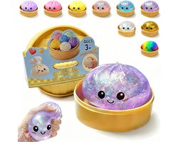 Daity 1 stuk – Dumpling-speelgoed, glitter-dumpling-fidget-squishies, rekbare knijpballen voor kinderen en volwassenen, sensorische stressballen ter verlichting van angst, inclusief stoommandje – ideaal als feestcadeautje (willekeurige kleuren)