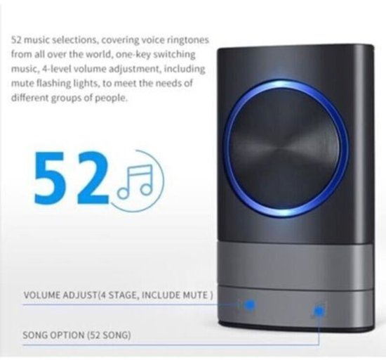Zwarte deurbel met een blauw verlichte cirkel en een grijs element aan de onderkant. 52 muziekselecties.