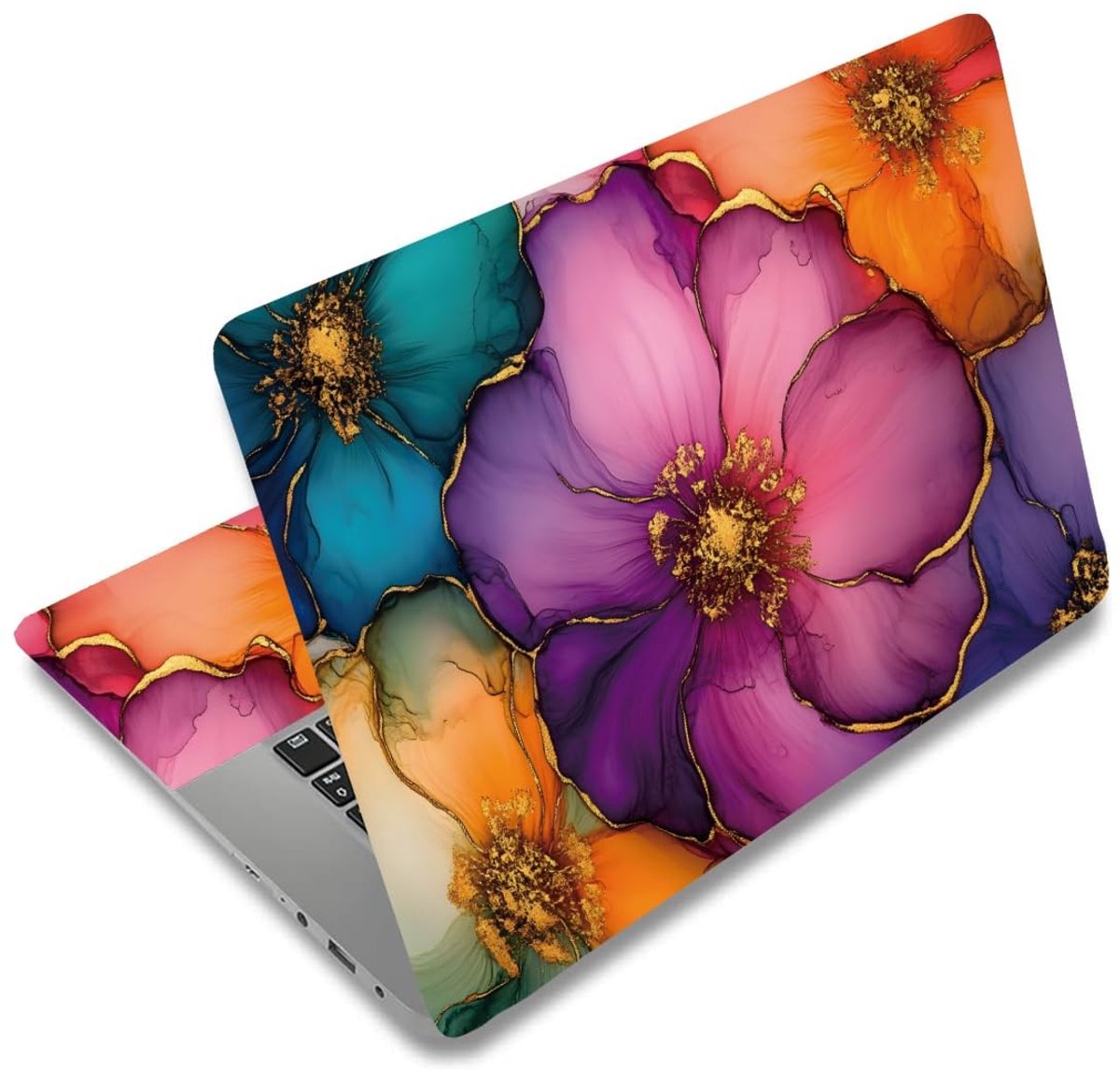 Dailygoods - Kleurrijke Laptop Skin met Goudgerande Bloem