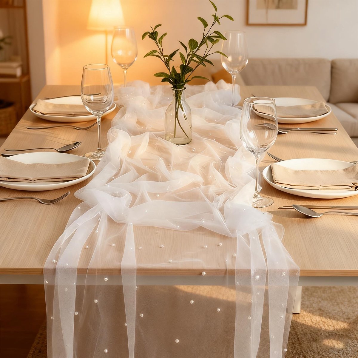 Dailygoods - Tafelloper van Tule met Parels voor Bruiloften en Feestjes (80 x 300 cm)