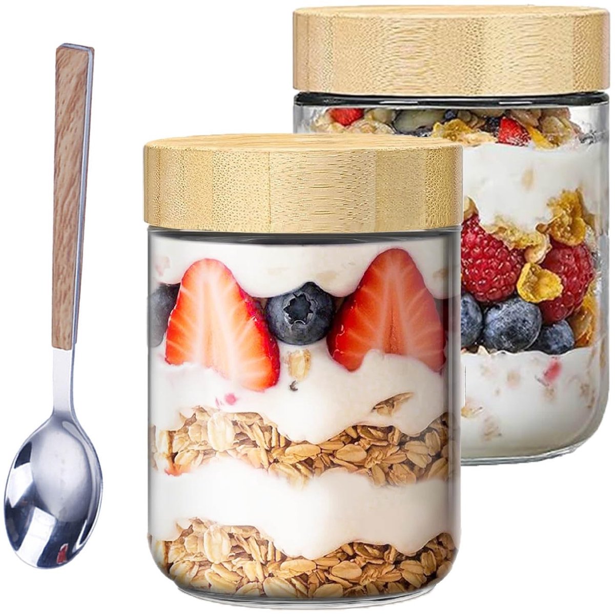 Dailygoods - Set van 2 Glazen Potten met Bamboe Deksel en Lepel 500ml