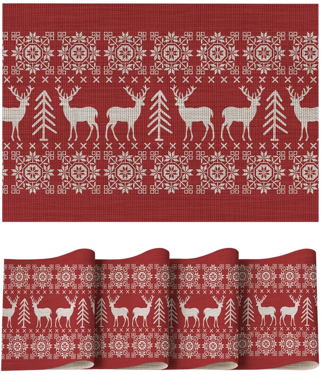 Dailygoods - Set van 4 Rood Rendier PVC Placemats voor Kerstmis