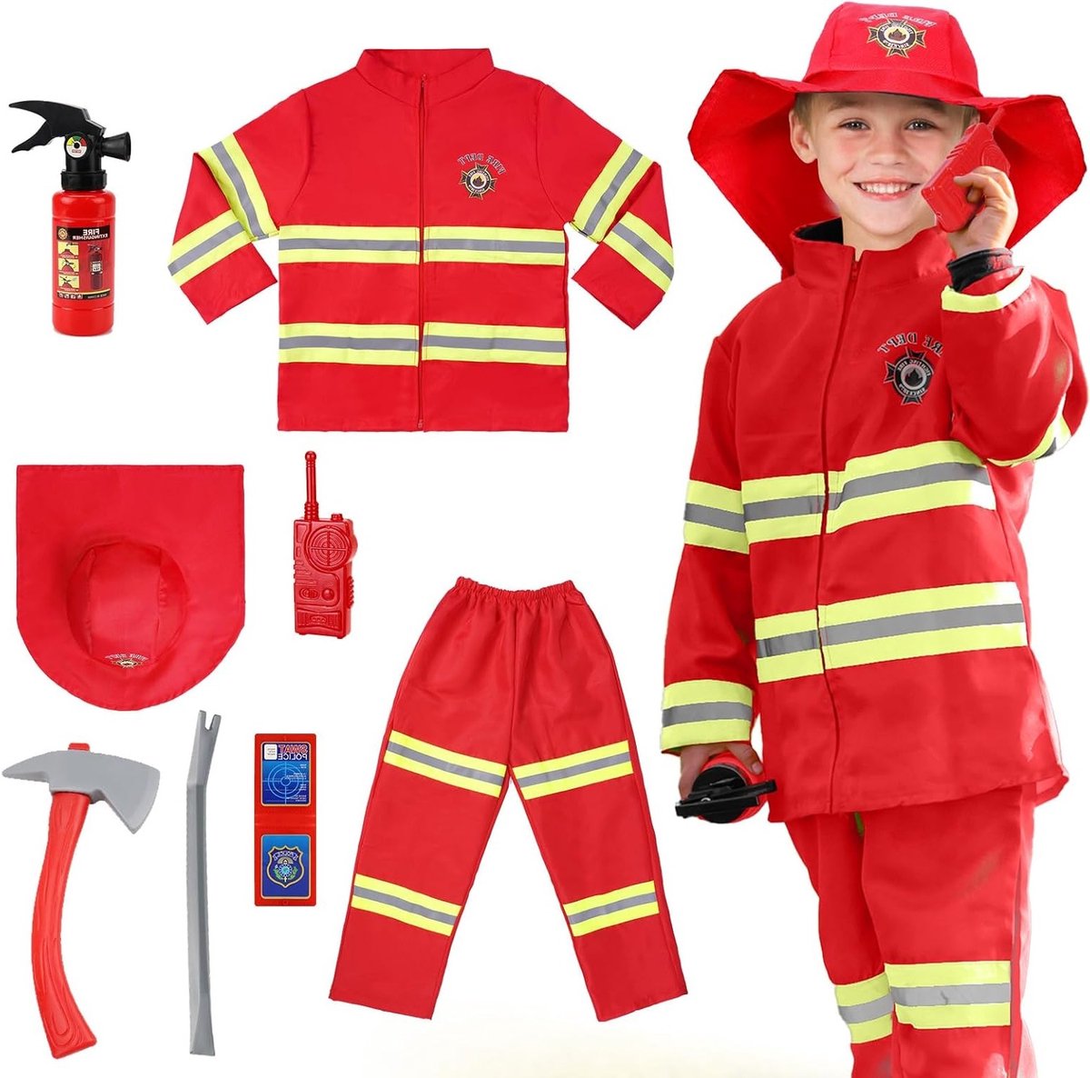 Kinderen Brandweerman Kostuum met Accessoires Set voor Educatieve Rollenspellen en Kerstfeest