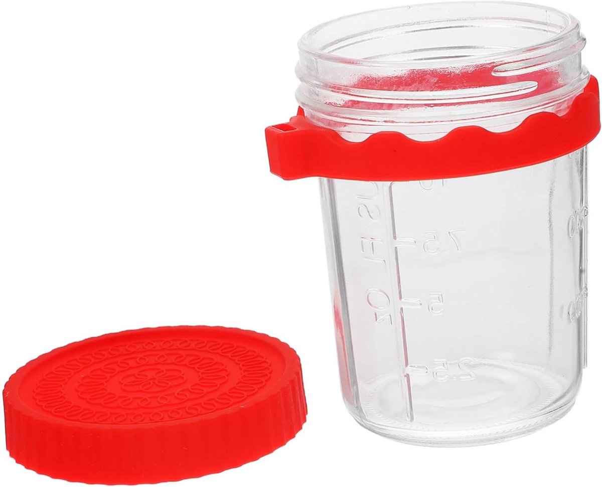 Ontbijtbeker Glas - Yoghurt Beker - Gezond Ontbijten - Lekvrij Deksel - 12cm Hoog - Rood