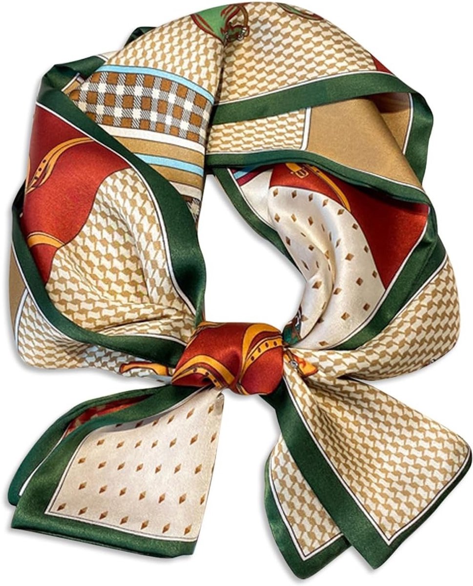 Dunne Zijde Sjaal voor Dames met Geometrisch Patroon - Retro en Klassiek Accessoire voor Hoofdbedekking en Haarband, Rood en Groen, One Size