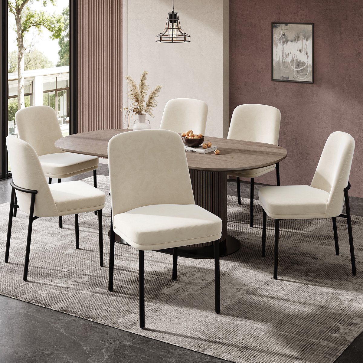 MODENUIT Eetkamerstoel 82 x 42,5 cm - Set Van 6 Met Verdikte Zitting En Zwart Metalen Frame - Velvet Beige