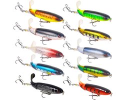 10 Stuks Kunstaas Set - 9cm Bass Popper Met Draaitail - Zoet/Zoutwater - 3 Drievoudige Haken - Multilaag Reflecterende Coating - Voor Baars/Snoek