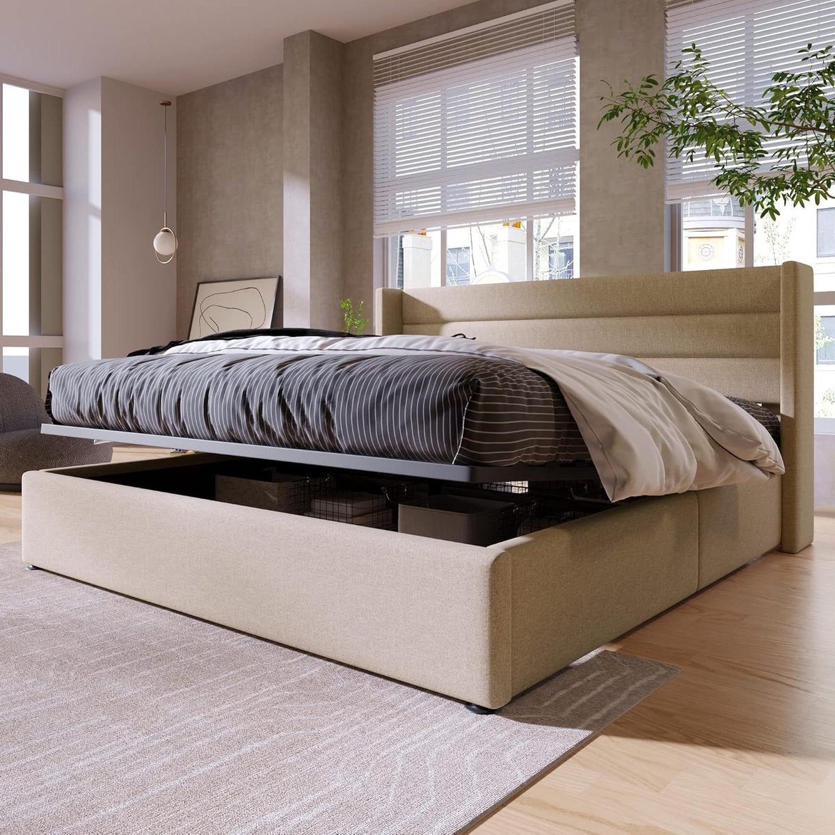 Opbergbed Hydraulisch - Gestoffeerd Bed - Ruimte Besparen - Met Lattenbodem - 140x200 cm - Beige