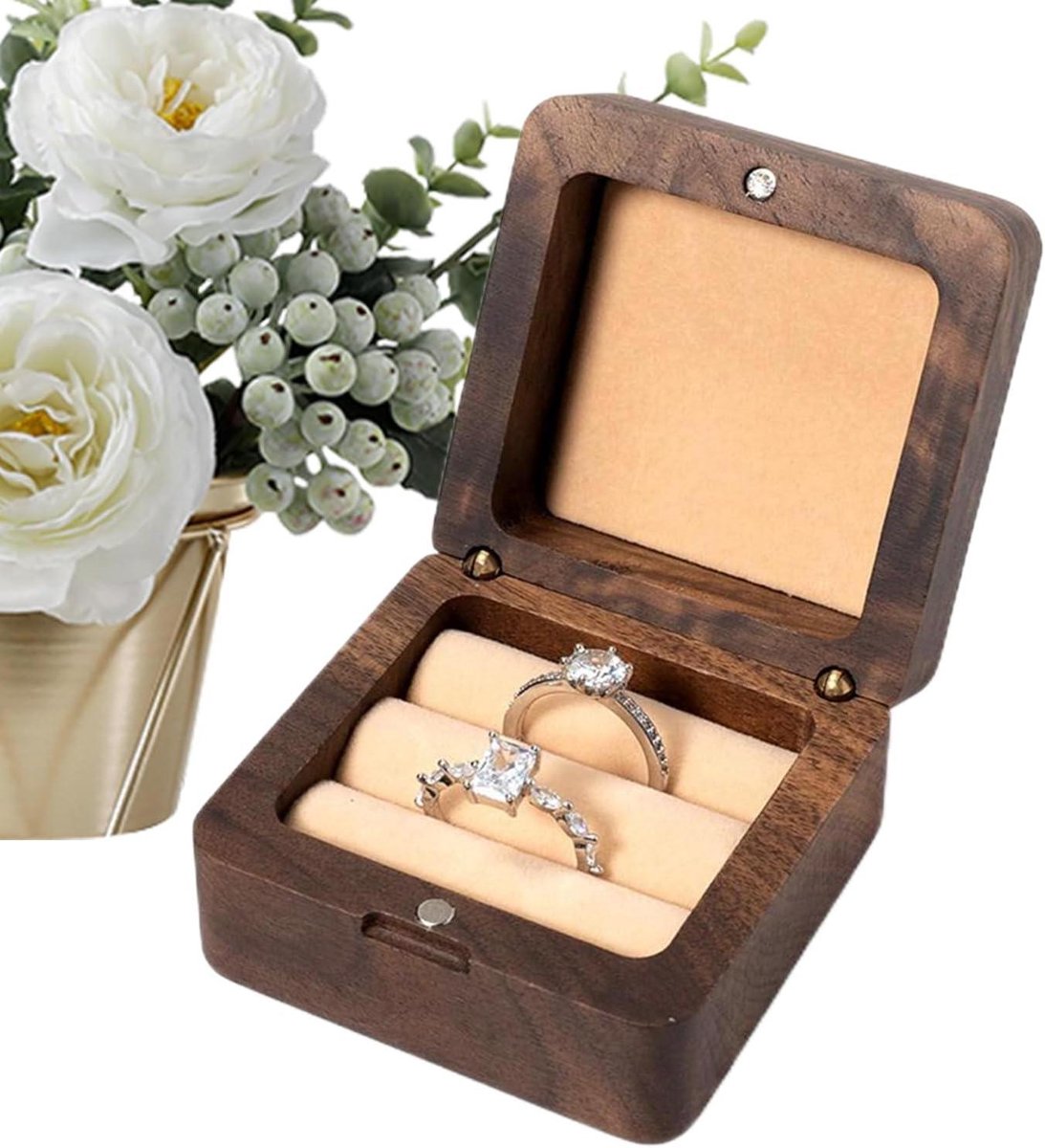 Houten Ringdoos - Sieradendoos Dubbel - Bruiloft Aanzoek - Individuele Vakken - 4 x 6.2 x 4 cm - Houtkleur