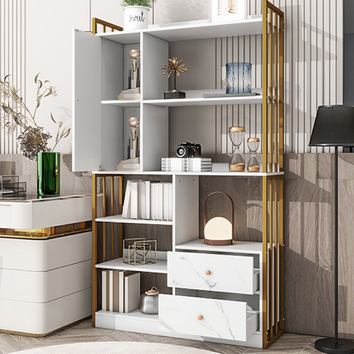Wishdor Boekenkast Met Open Vakken, Deuren En Laden - Marmerlook - Als Roomdivider - Spaanplaat En Metaal - Wit En Goud