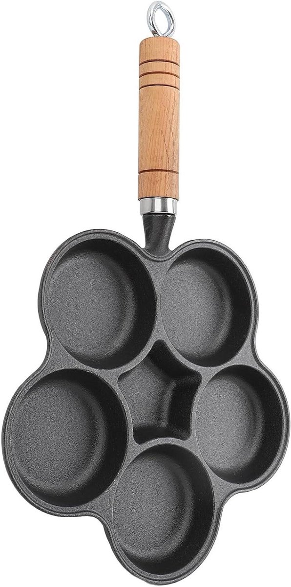 Eierpan met 5 gaten - Pannenkoekpan ontbijt - Ontbijt bereiden - Gietijzer met houten handvat - 5-gaats - Zwart