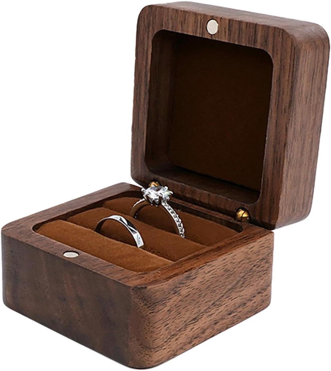 Houten Ring Doos - Bruiloft Doosje - Sieraden Presentatie - Handgemaakt Houtsnijwerk - 6 x 8 x 6 cm - Bruin