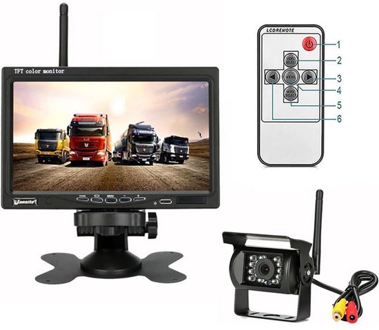 Draadloze achteruitrijcamera (12V/24V) geschikt voor 18 infrarood-LED-nachtzichtlampjes, 7-inch TFT-LCD-scherm, IP67 waterdicht en eenvoudig te installeren.