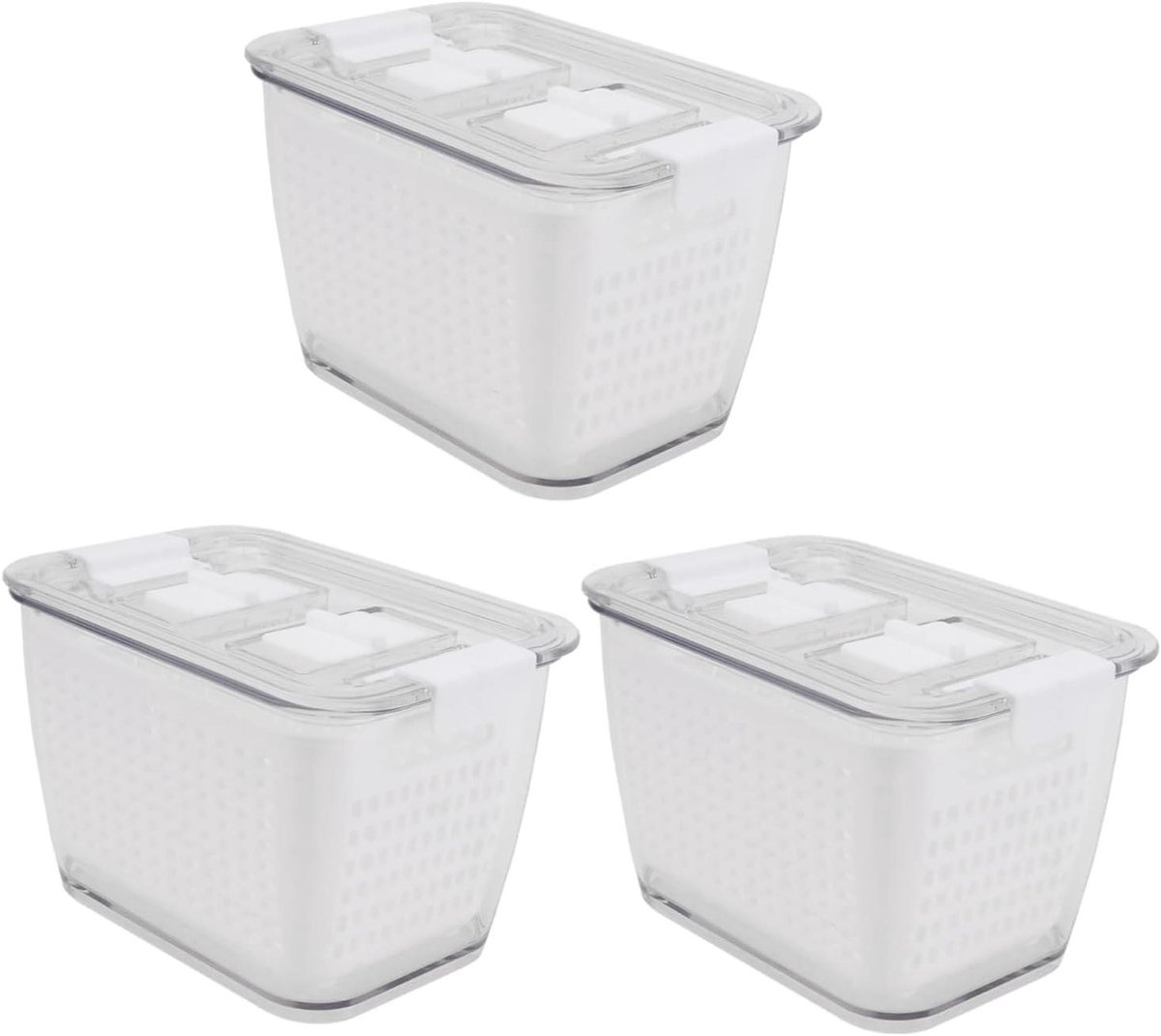Keuken Opbergdozen - Voedsel Bewaardozen - Koelkast Organiseren - Met Drainagestructuur - 3 Stuks - Wit
