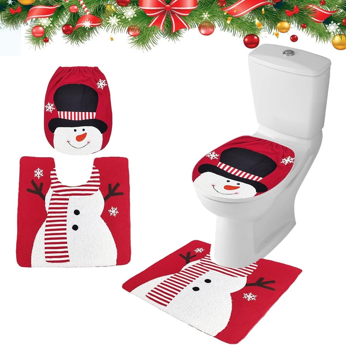 Kerst Toilet Set met Santa Claus en Sneeuwman - Decoraties voor Badkamer en Toilet, Inclusief Deksel en Vloerkleed