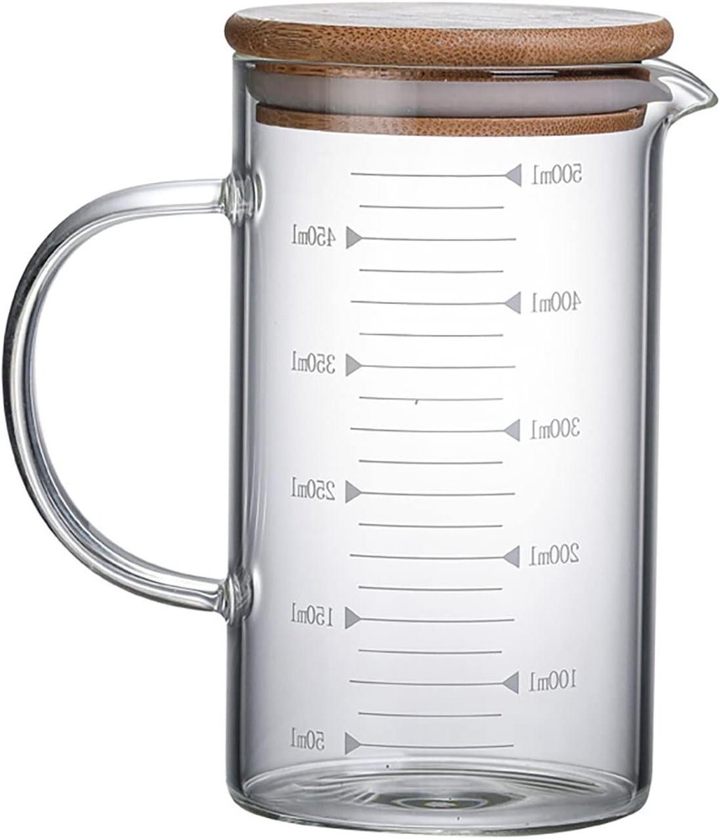 Maatbeker Glas - Meetglas Bamboe - Koken Mixen - Hittebestendig Materiaal - 500 ml - Transparant