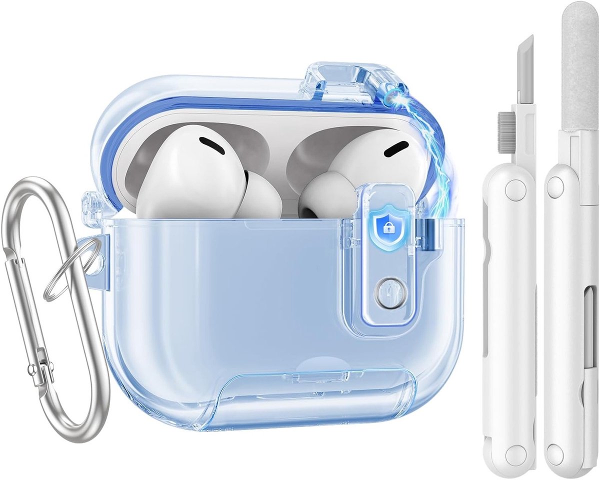 Beschermhoes voor AirPods Pro 3 (2025) met Veilig Slot, Anti-Vlek, Zachte TPU Transparante Cover, Inclusief Telefoonstandaard, Reinigingsset en Sleutelhanger, Helder Blauw