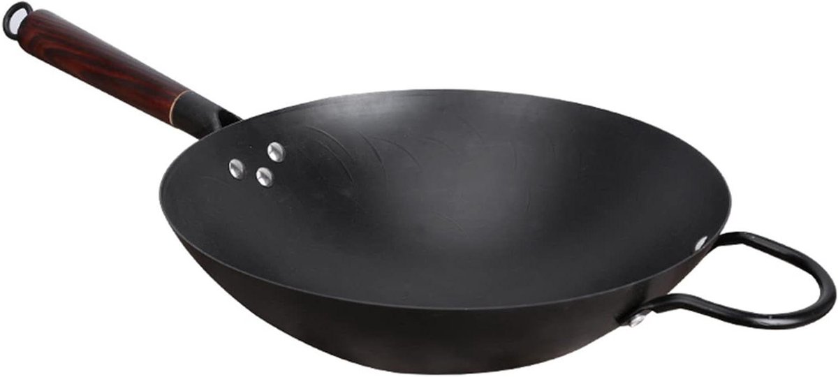 Gietijzeren Wokpan Roerbakpan Handgehamerd Aziatisch Koken Ongecoat Fysiek Anti-aanbak 34cm Diameter Zwart