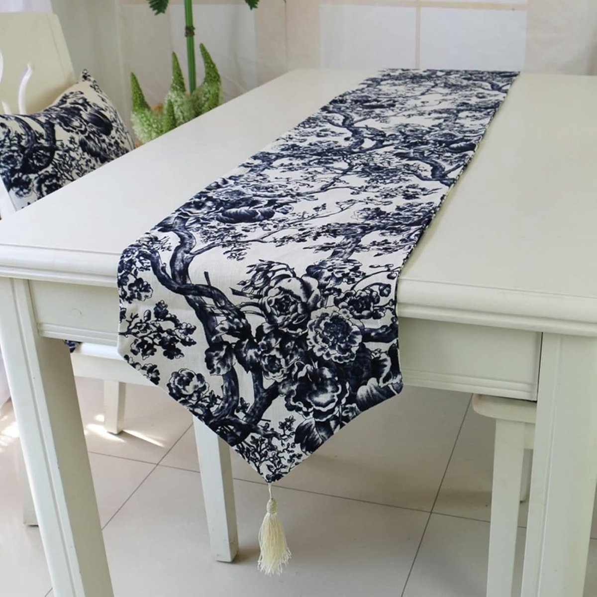 Tafelloper - Tafeldecoratie - Tafel Aankleden - Wasbaar Vlas - 32x160 cm - Blauw Wit