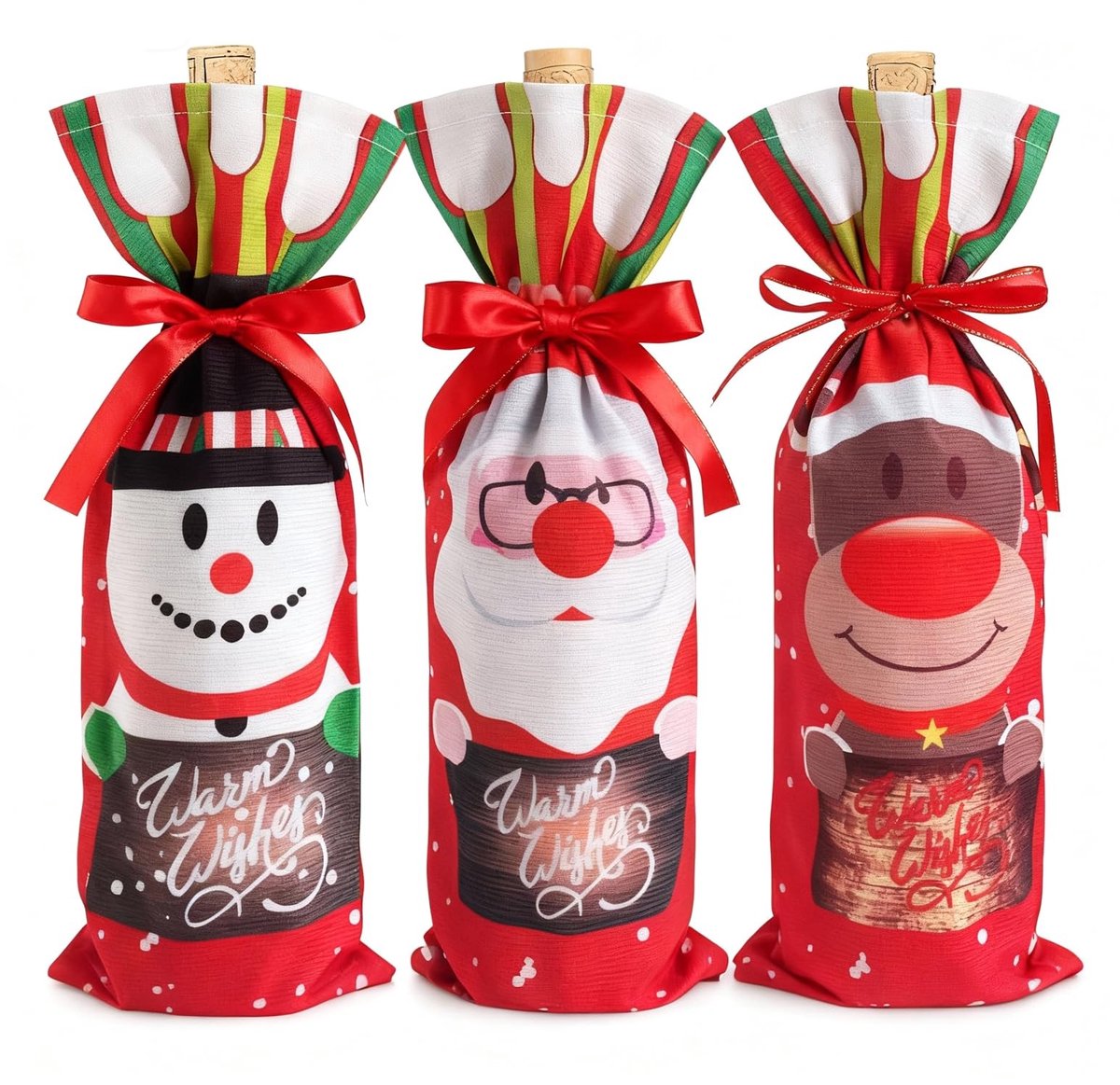 Dailygoods - 3 Stuks Herbruikbare Kerstflessenzakken met Sneeuwpop Motief