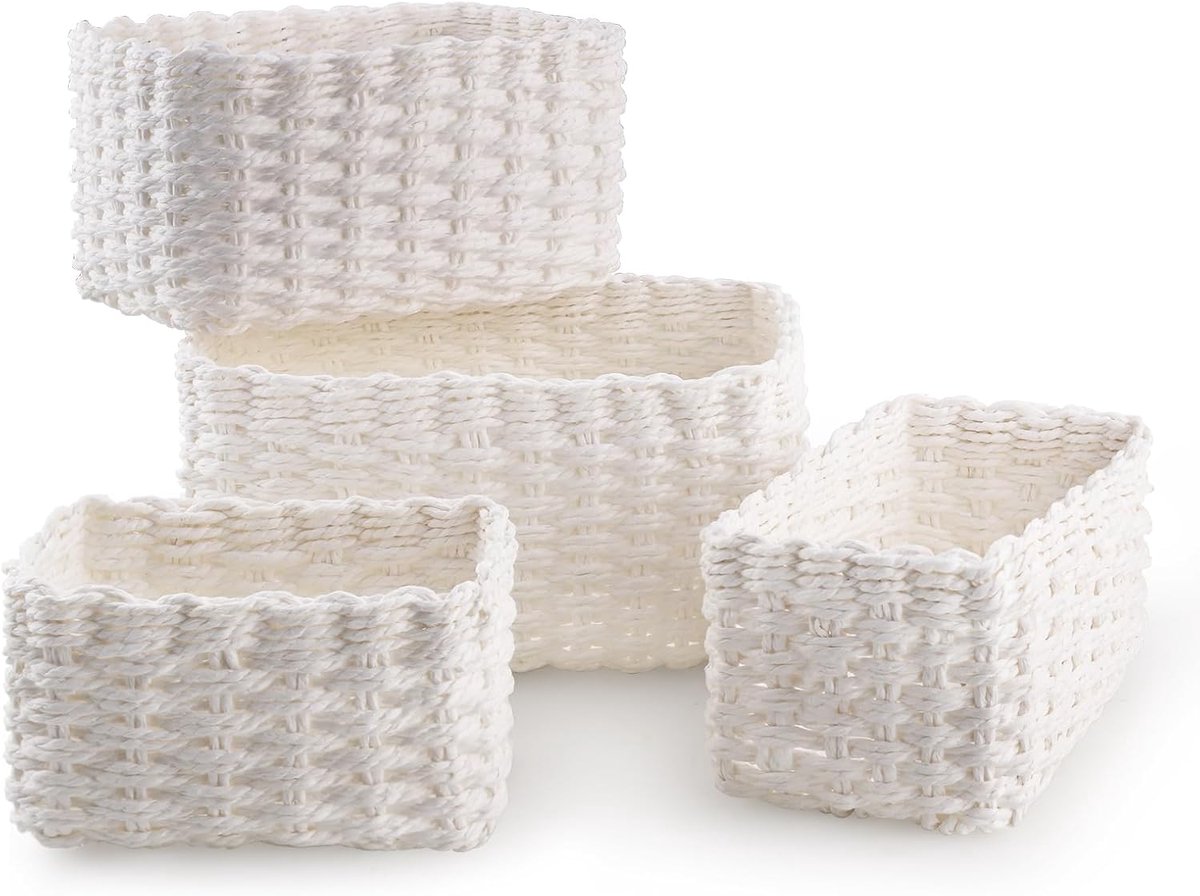 OLOEY Een set van 4 kleine rieten opbergmandjes-die gebruikt kunnen worden als geschenkmandjes of multifunctionele lege opbergmandje-geschikt voor slaapkamers en thuiskantoren (wit)