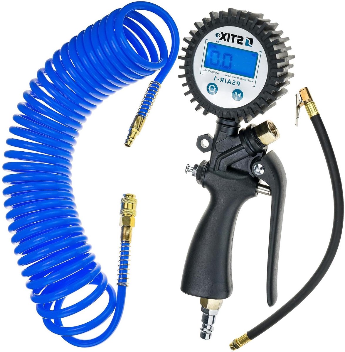 STIX Bandenvulpistool PSAIR-1 met digitale manometer 0 tot 18 bar en PU-spiraalslang 12 x 8 mm 10 m voor nauwkeurige persluchttoepassingen