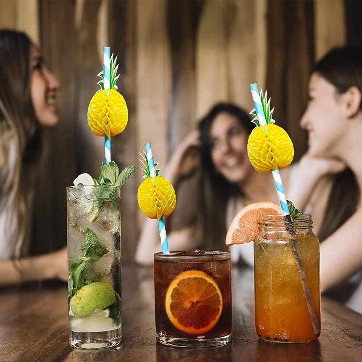 Cocktailrietjes Papier - Fruit Decoratie - Feestelijke Dranken - 3D Ananas Vorm - 50 Stuks - Gekleurd Gestreept