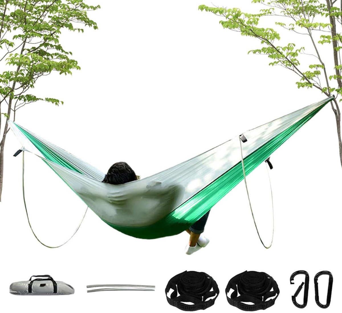 Hangmat voor buiten - Reishangmat camping - Ontspannen in natuur - Draagbaar dubbel steunontwerp - 290x140 cm - Lichtgroen