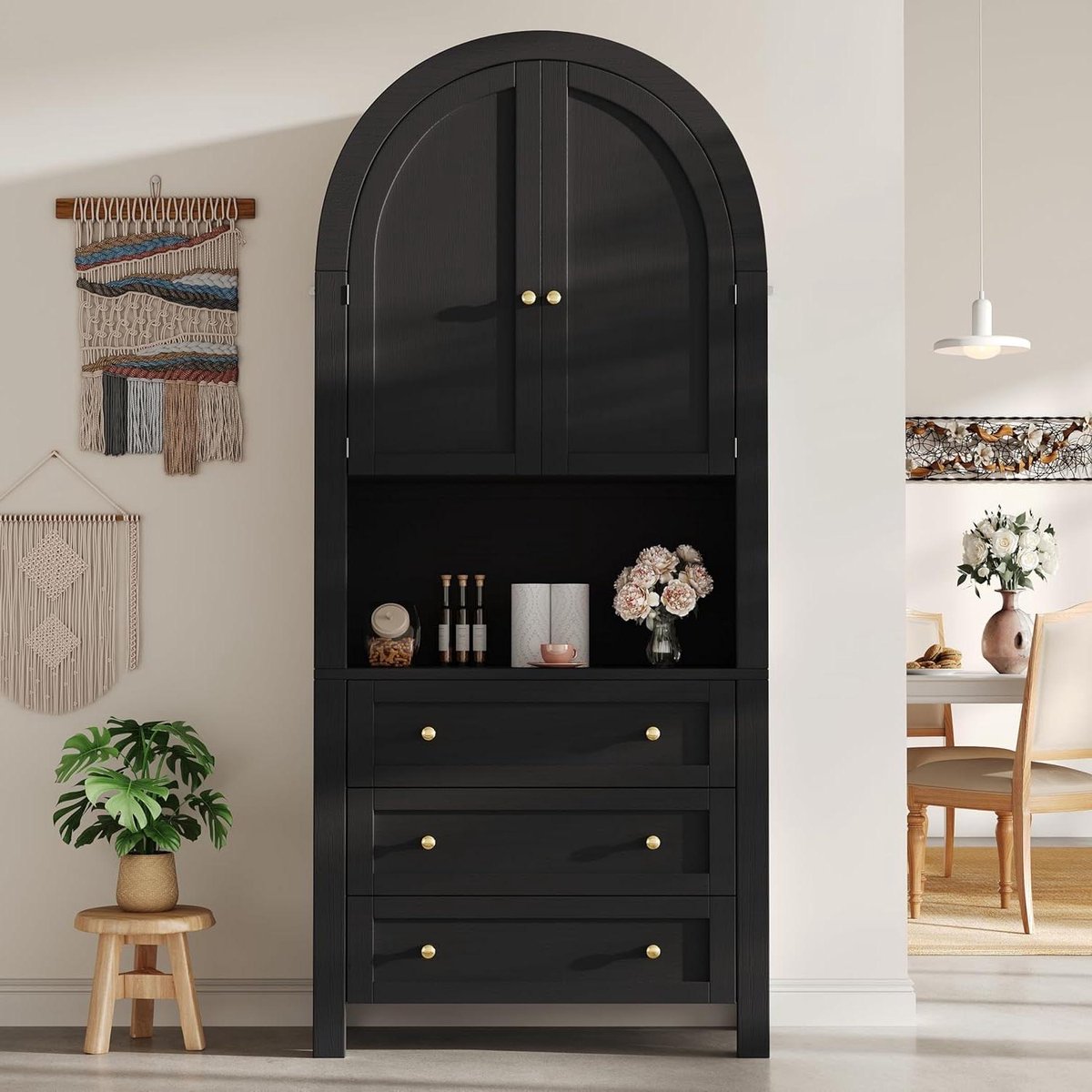 Hoge kast, sideboard, zwart, 70 cm breed, met 3 laden en anti-kantelbescherming, opbergkas
