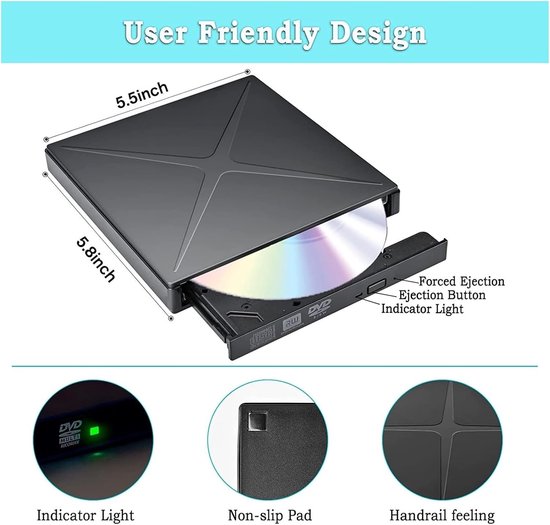 Externe DVD Speler - Optische Drive - Bestanden Archiveren - Met SD TF Kaartlezer - USB 3.0 - Zwart — afbeelding 5