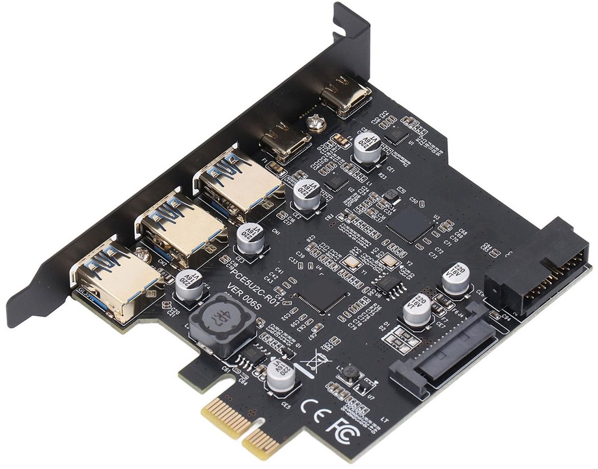 PUSOKEI PCIe naar USB 3.2 Gen 2 Kaart - 5 Poorten (3 USB-A, 2 USB-C) voor Desktop