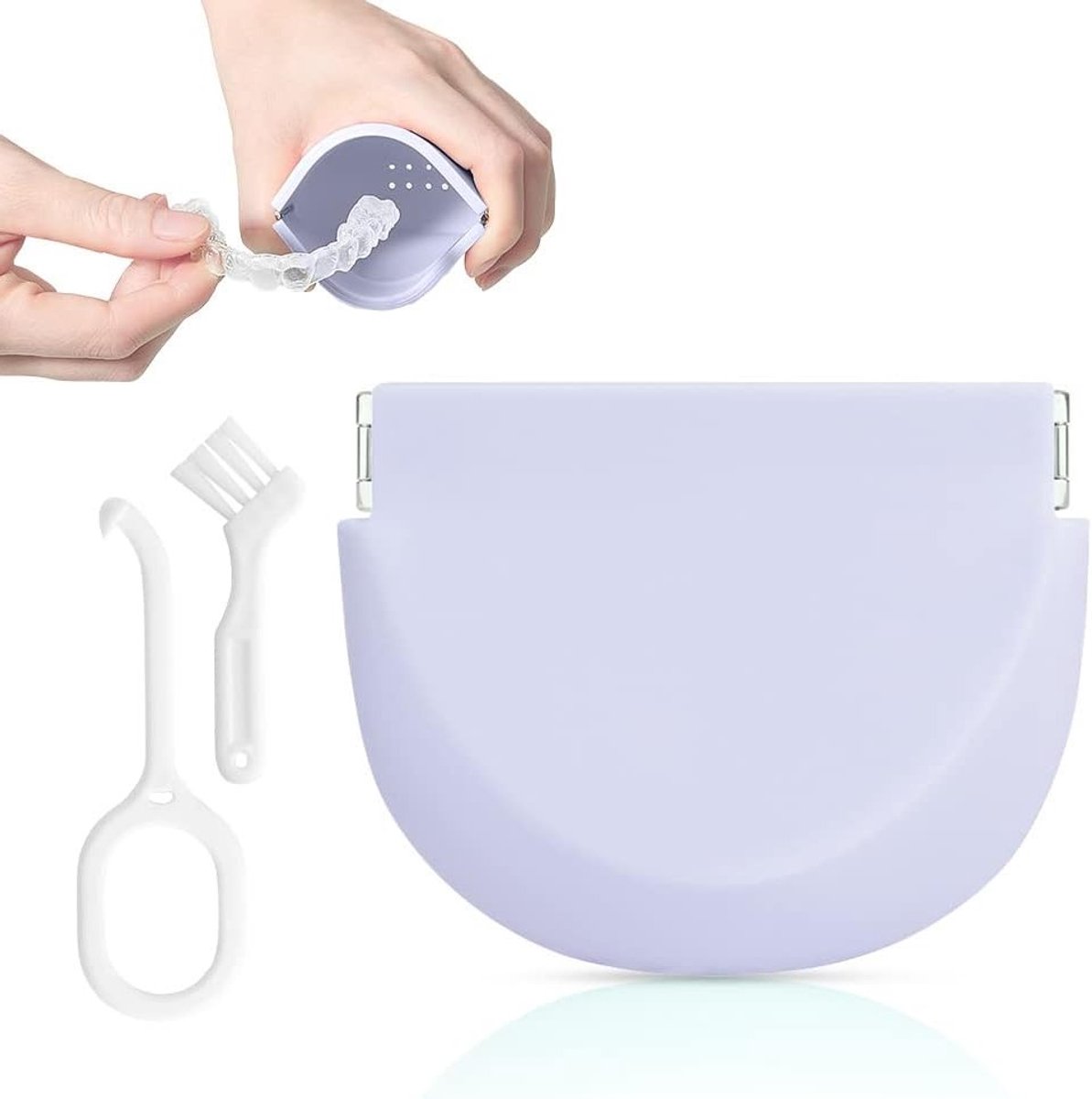 Orthodontische houders met luchtinlaten, voedselveilige silicone, extractiehaakjes en reinigingsborstel in paars, ideaal voor tandenbeugels en mondhygiëne