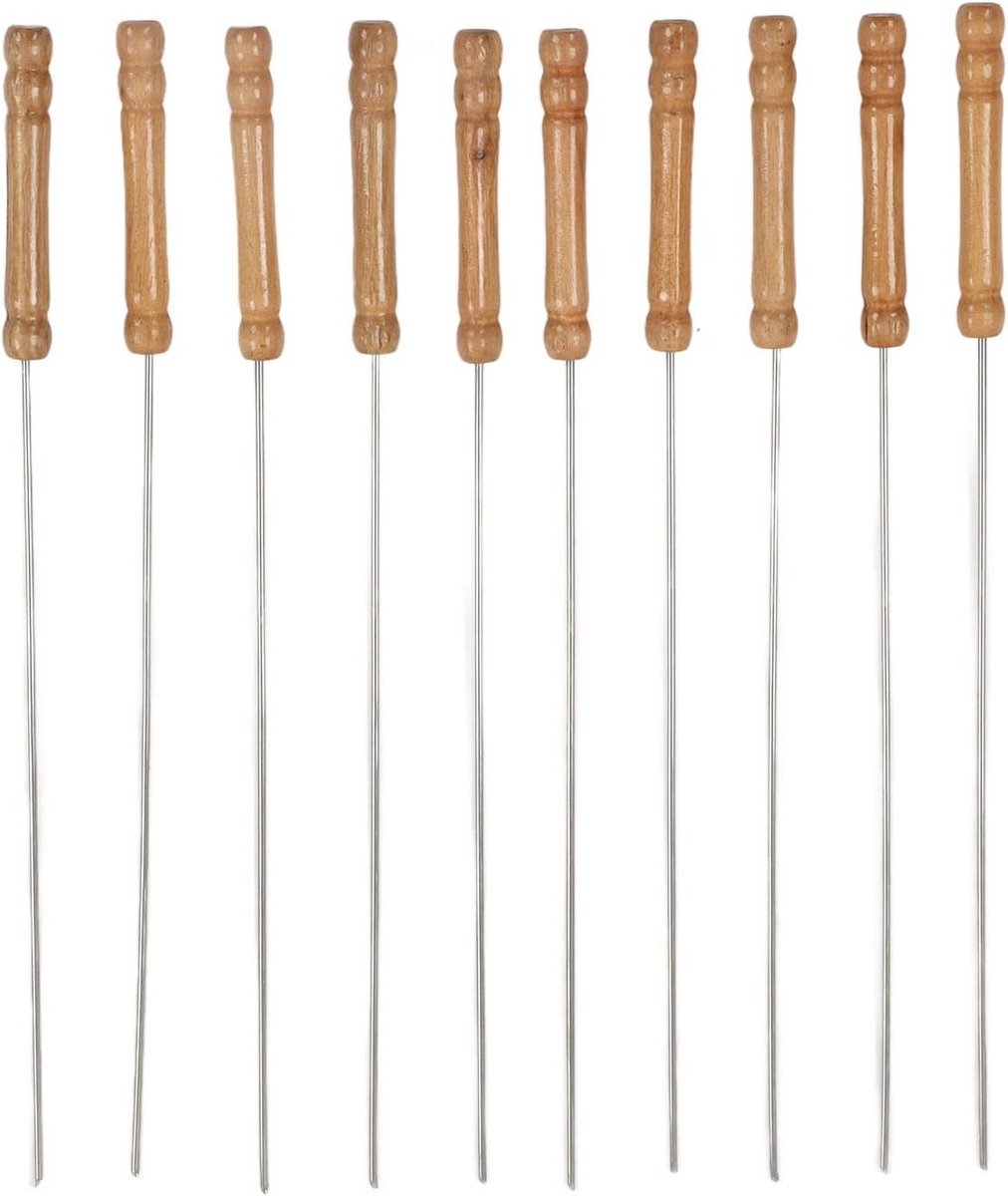 10x RVS Barbecue Prikkers met Houten Handvat - 30cm - Ideaal voor BBQ en Grillen