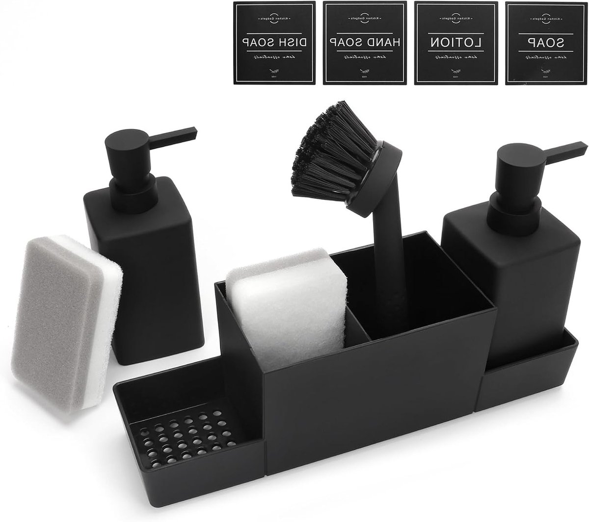 Keukenafwasmiddel Dispenser met Spons Houder en Borstel, Organiser voor de Gootsteen, Zwart, Ideaal voor Afwas en Rinse Aid