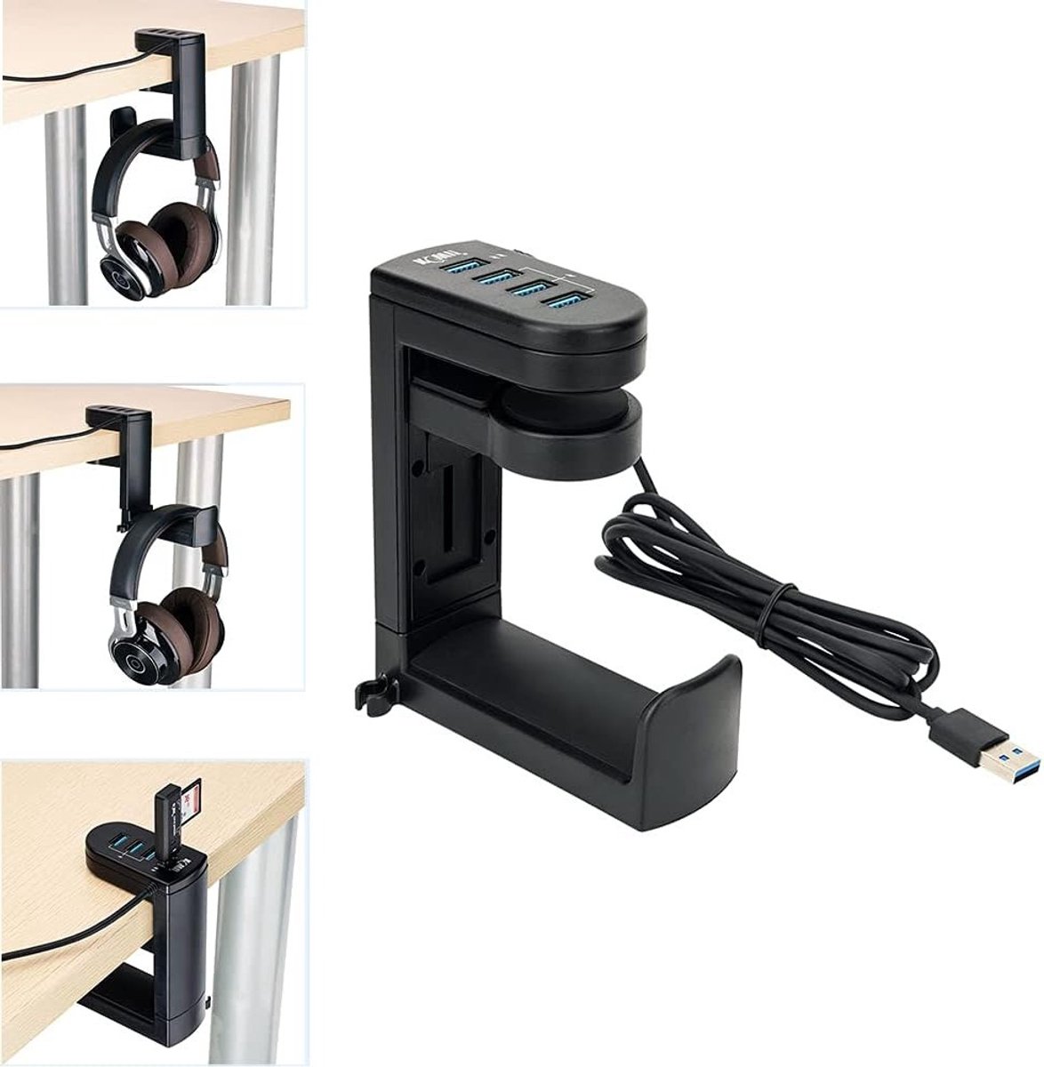 Universele Koptelefoonhouder met USB Hub en Kabelclip - 360° Draaibaar Bureau Organizer