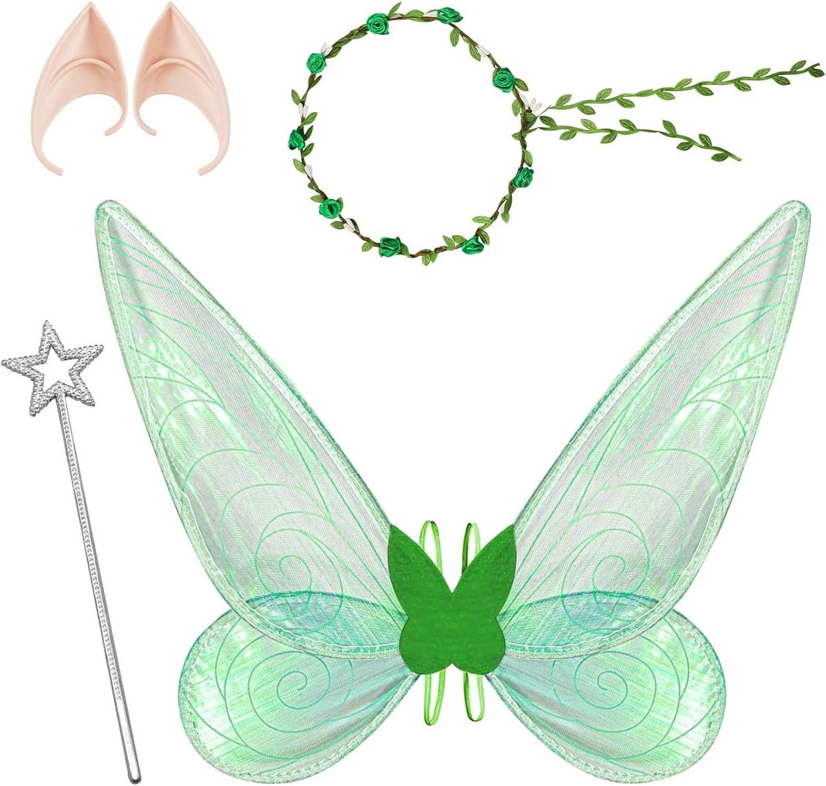 Groene Feewing voor Volwassenen met Toverstaf, Perfect voor Carnaval, Halloween en Cosplay, Geschikt voor Vrouwen en Meisjes