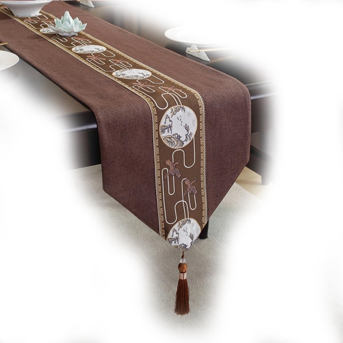 Elegante Tafelloper met Kwastjes en Fonteinpatroon voor Thuis, Hotel en Feesten - Bruin, 3