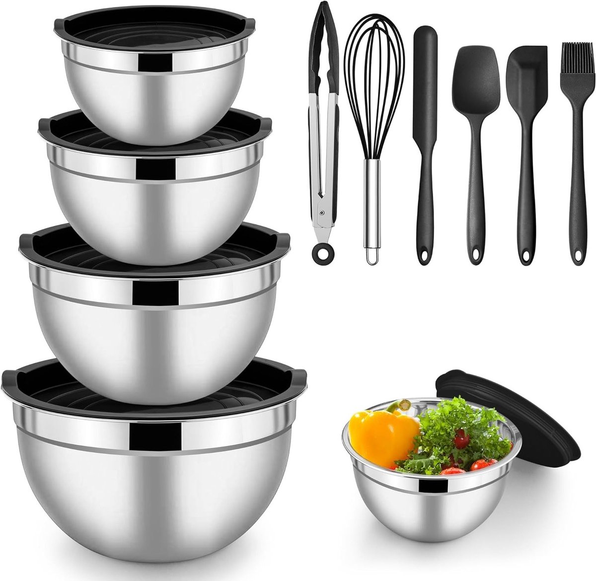 Stapelbare Mengkom Set RVS met Deksel en 6 Bakaccessoires - 5 Delig