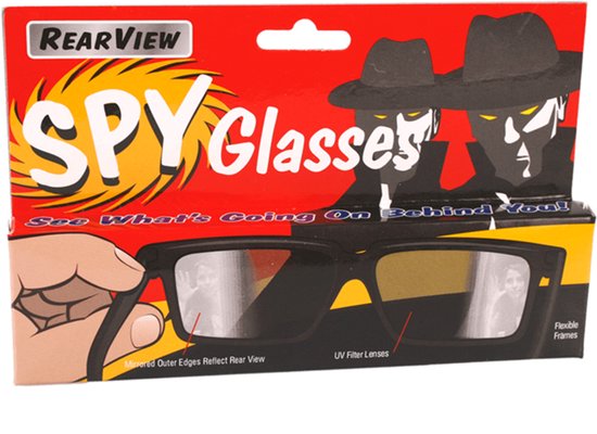 Zwarte spionagebril met 'SPY Glasses'-verpakking waarop twee mannen met hoed staan.