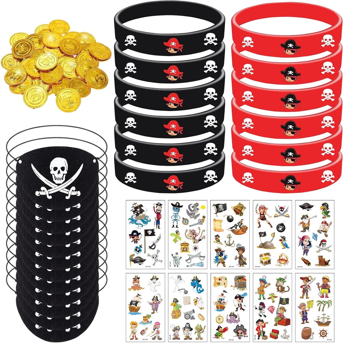Piratenfeest Cadeau voor Kinderen met Siliconen Armband, Piratenooglap, Munten, Tattoos en Kostuumaccessoires voor een Onvergetelijk Verjaardagsfeest