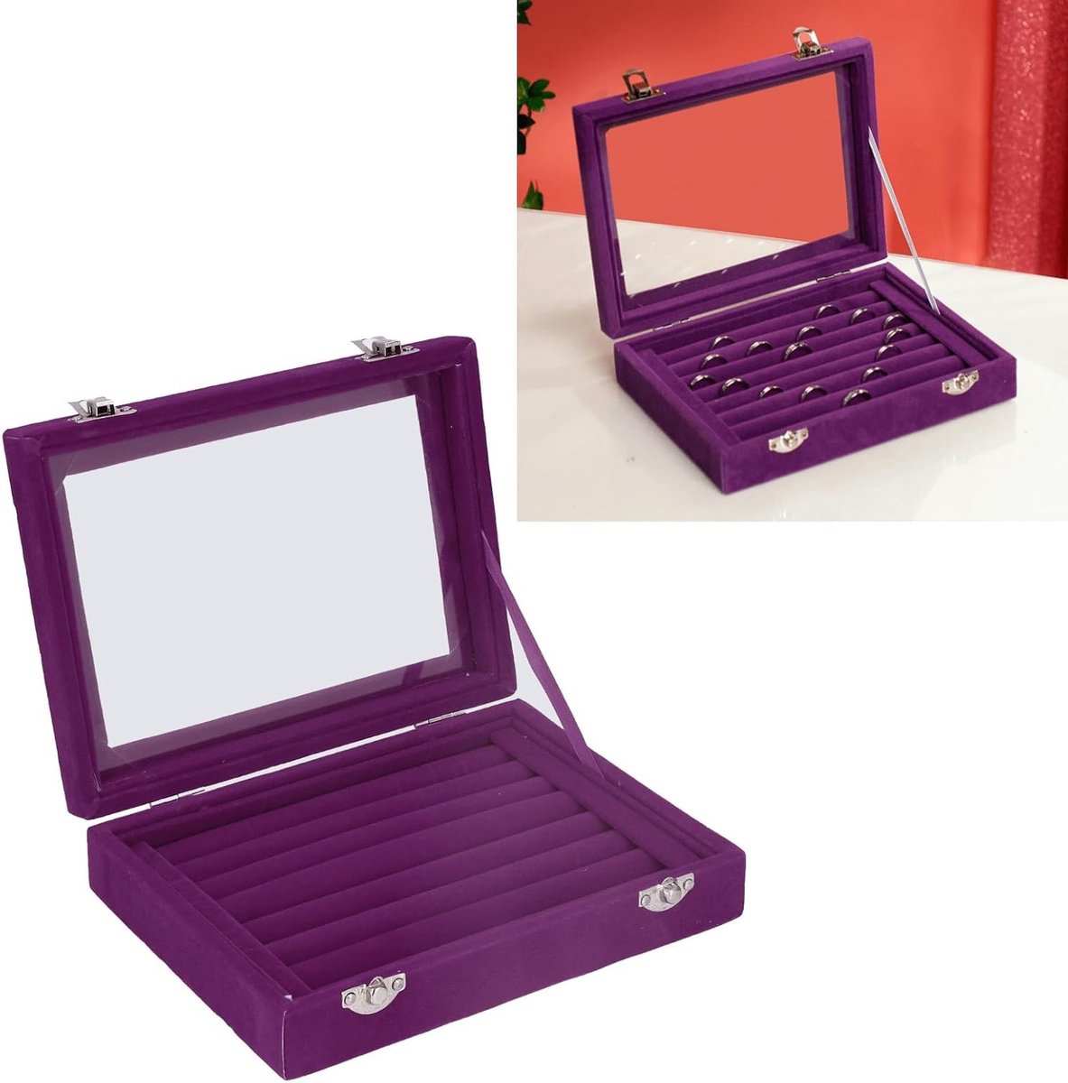 Multifunctionele Sieradenopbergdoos met Doorzichtig Deksel, 7 Slots voor Ringen, Oorbellen en Armbanden, Luxe Velvet Organizer voor Sieraden