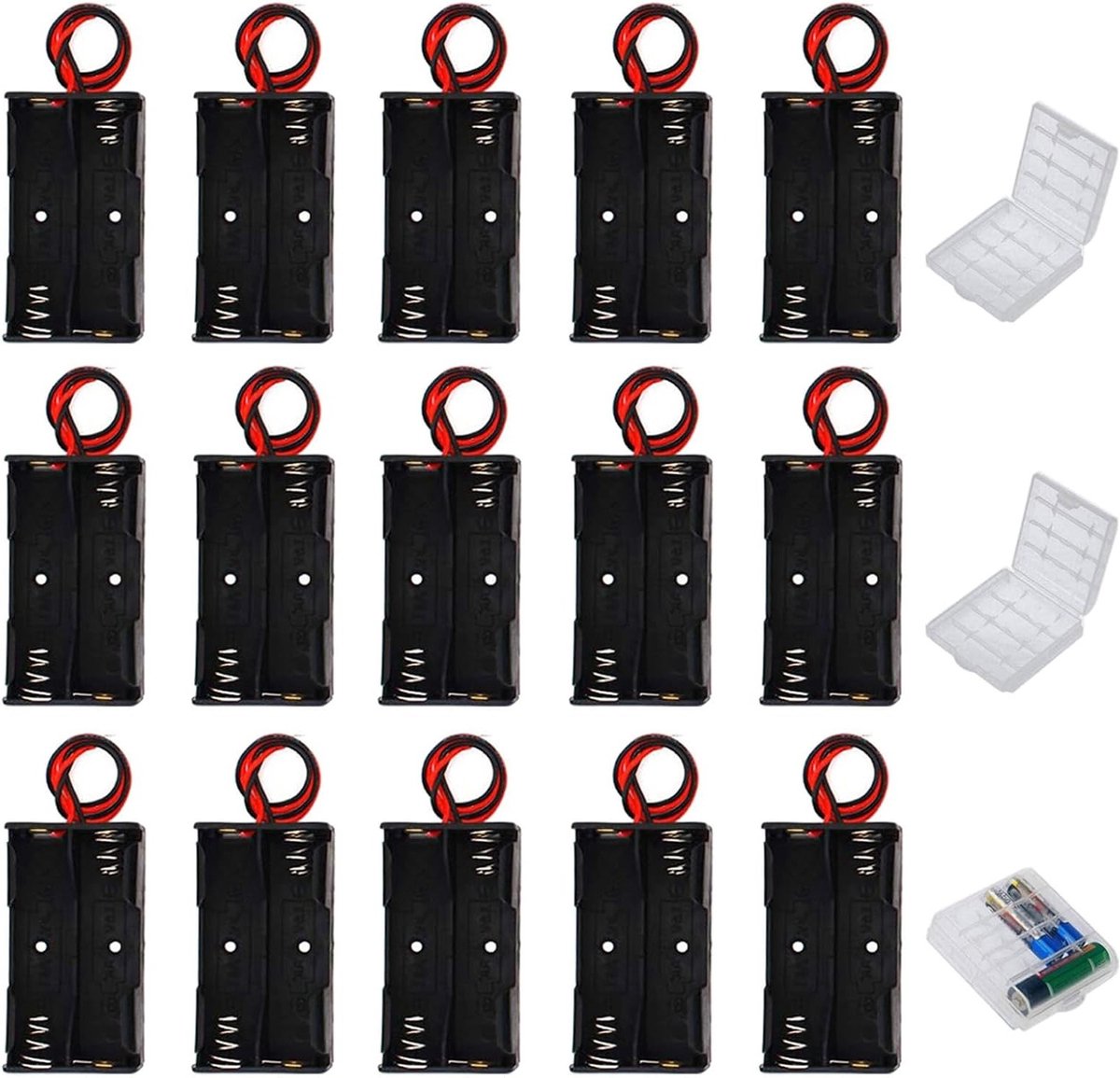 15 Stuks 2AA Batterijhouder van Plastic met Aansluitkabel en 3 Transparante Opbergdozen voor 2 x 1.5V AA Batterijen, Ideaal voor Elektronische Projecten en DIY Toepassingen