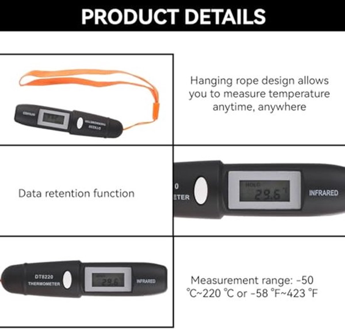 Infraroodthermometer -50℃~220℃(-58℉~428℉), Non-contact laserthermometer met LCD-kleurendisplay, Voedselthermometer voor koken, BBQ, vriezer