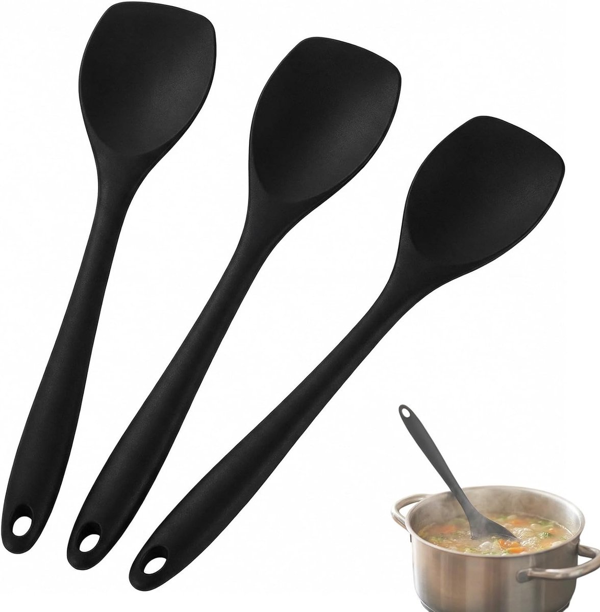 Set van 3 Siliconen Menglepels, Zwart, 27,5 cm, Hittebestendig, Krasbestendig en Vaatwasserbestendig Keukengerei