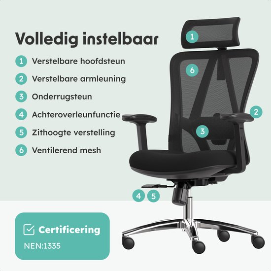 LifeGoods Ergonomische Bureaustoel - NEN1335-gecertificeerd - Gamestoel - 150kg - Office Chair - Volwassenen - Kantoorstoel - Hoofdsteun - Zwart/Chroom